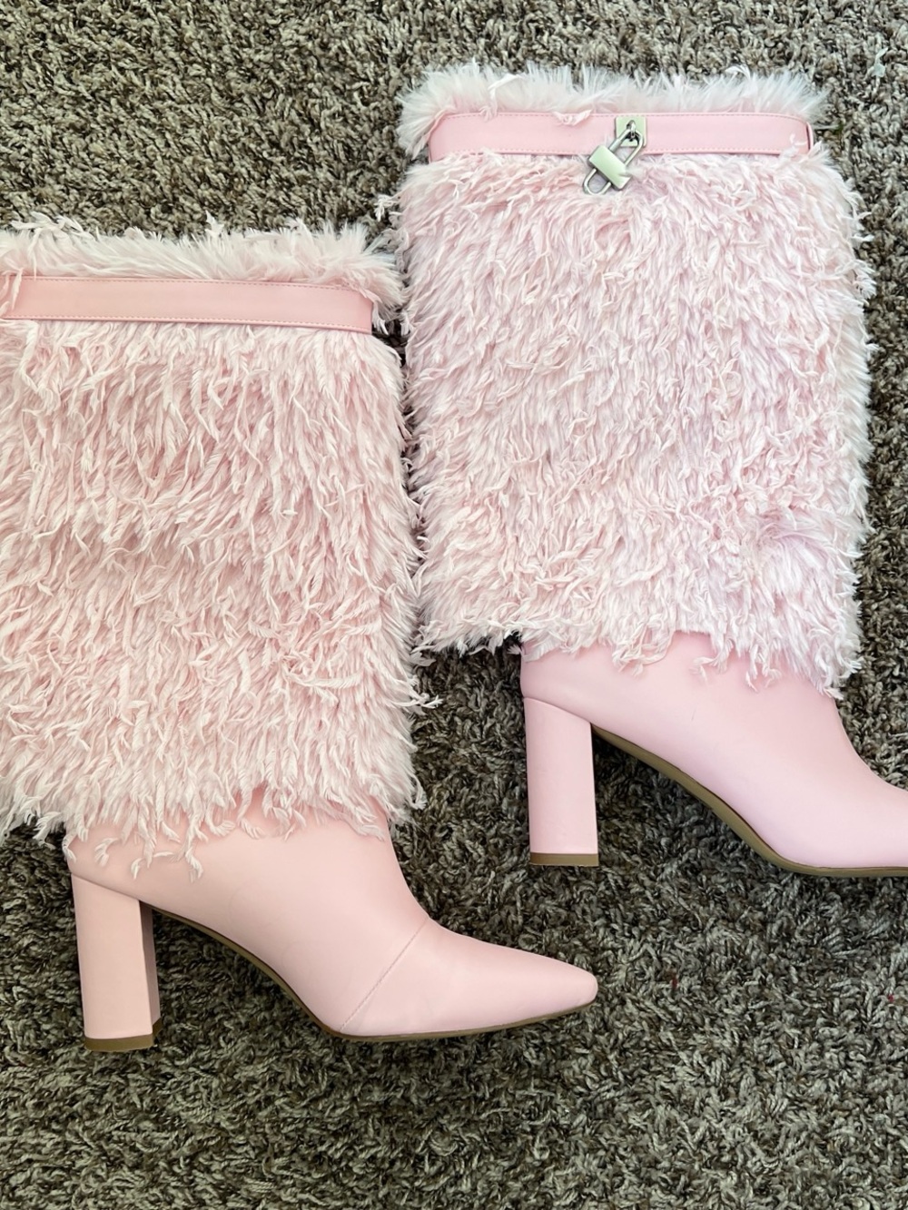 Faux Fur Pink Mid-Calf Block Heel Boots - Women's